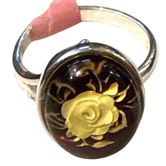 New! Baltic Amber Intaglio Rose in Sterling Silver Adjustable Ring - Picture 9 of 10